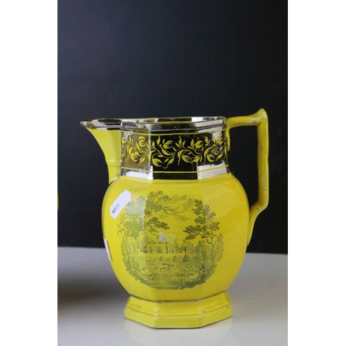 118 - Three 19th century Yellow Ground Pottery Jugs with Lustre and Transfer Printed Decoration together w... 