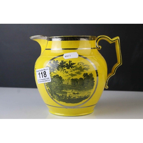 118 - Three 19th century Yellow Ground Pottery Jugs with Lustre and Transfer Printed Decoration together w... 