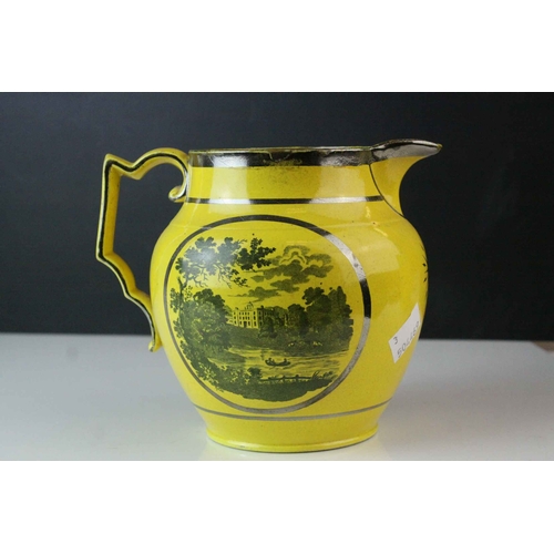 118 - Three 19th century Yellow Ground Pottery Jugs with Lustre and Transfer Printed Decoration together w... 