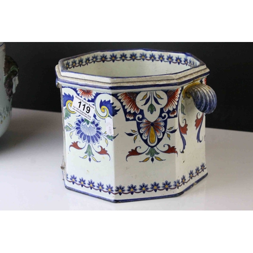 119 - French Gien Faience Pottery Jardiniere / Planter of octagonal form, 18cms high together with Tin Gla... 