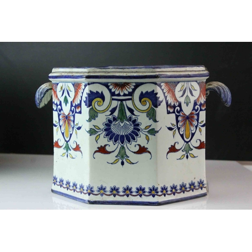 119 - French Gien Faience Pottery Jardiniere / Planter of octagonal form, 18cms high together with Tin Gla... 