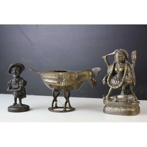 123 - Brass Hindu Deity, Persian Style Brass Bird Bowl and a Bronze Scottish Figure ' Douglas '