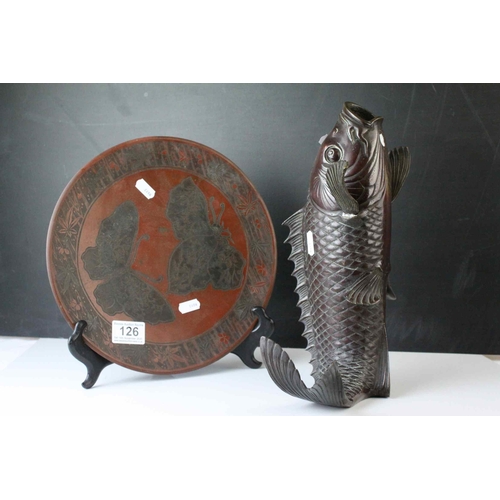 126 - Large Bronze Model of a Japanese Carp Fish, 31cms long together with a Japanese Bronze Plate decorat... 