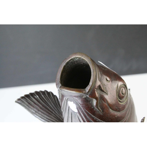 126 - Large Bronze Model of a Japanese Carp Fish, 31cms long together with a Japanese Bronze Plate decorat... 