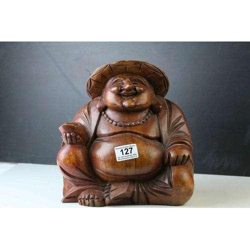 127 - Carved Wooden Happy Buddha Bust