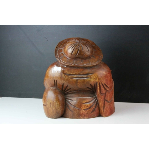 127 - Carved Wooden Happy Buddha Bust