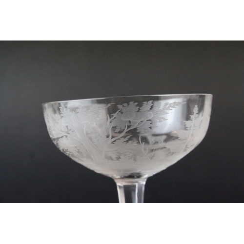 128 - Five Glass Champagne Coups / Cups, each bowl etched with a scene of Stags in Woodland, 18cms high