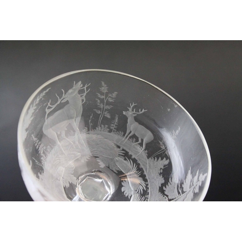 128 - Five Glass Champagne Coups / Cups, each bowl etched with a scene of Stags in Woodland, 18cms high