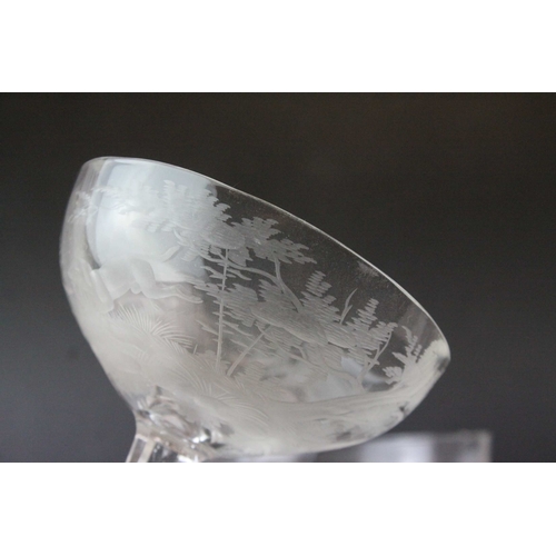 128 - Five Glass Champagne Coups / Cups, each bowl etched with a scene of Stags in Woodland, 18cms high