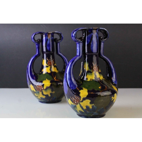 13 - Pair of Art Nouveau Austrian Ceramic Twin Handled Vases, with a Mottled Green, Yellow and Brown Patt... 