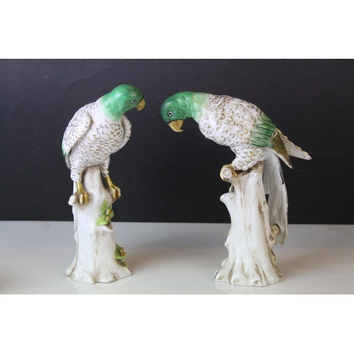 131 - Pair of Chelsea Porcelain Parakeets with Gold Anchor marks, 20cms high, Two Crown Staffordshire Bird... 