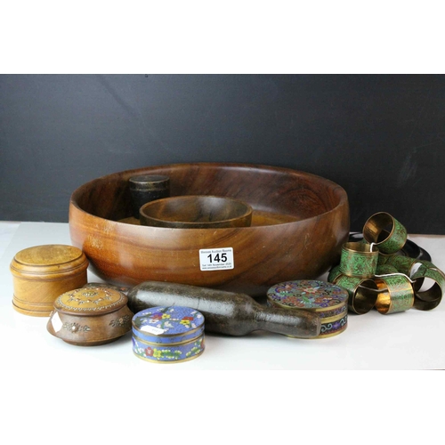 145 - Two Wooden Bowl together with Carved Wooden Plate, 3 Wooden Lidded Boxes, Two Cloisonné Boxes,   Twe... 