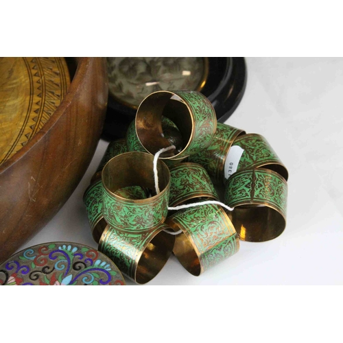 145 - Two Wooden Bowl together with Carved Wooden Plate, 3 Wooden Lidded Boxes, Two Cloisonné Boxes,   Twe... 