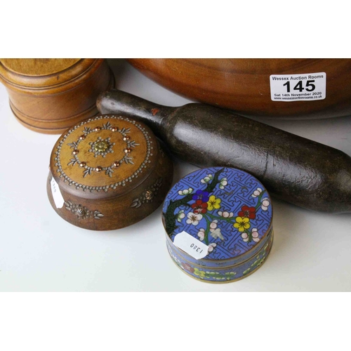 145 - Two Wooden Bowl together with Carved Wooden Plate, 3 Wooden Lidded Boxes, Two Cloisonné Boxes,   Twe... 