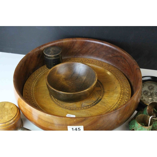 145 - Two Wooden Bowl together with Carved Wooden Plate, 3 Wooden Lidded Boxes, Two Cloisonné Boxes,   Twe... 