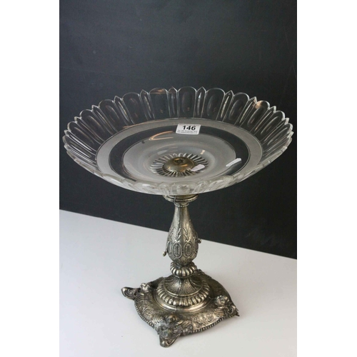 146 - Silver Plated Centrepiece Bowl with Cut Glass Bowl, the square base with four masks of creatures (la... 