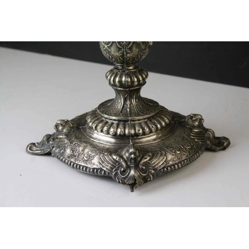 146 - Silver Plated Centrepiece Bowl with Cut Glass Bowl, the square base with four masks of creatures (la... 