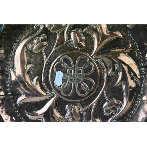 147 - Arts and Crafts John Pearson Copper Circular Tray, flower and foliage repousse decoration , marked w... 