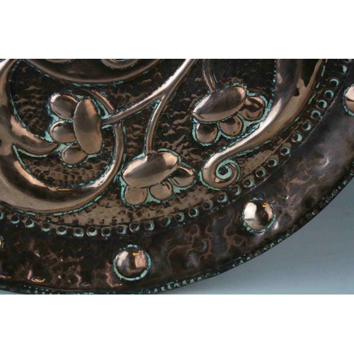 147 - Arts and Crafts John Pearson Copper Circular Tray, flower and foliage repousse decoration , marked w... 