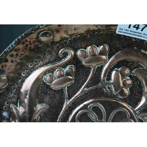 147 - Arts and Crafts John Pearson Copper Circular Tray, flower and foliage repousse decoration , marked w... 