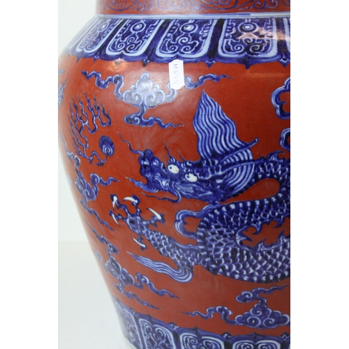 158 - Large Chinese Ceramic Jardiniere decorated with Five Toed Dragons on a Red Ground, 39cms high