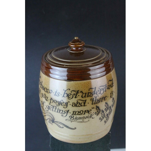 16 - Late 19th Century Doulton Lambeth stoneware salt glazed tobacco jar with the motto `The value of tob... 