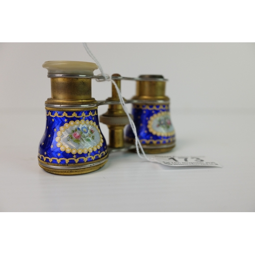 173 - Pair of 19th century Gilt Brass and Blue Guilloche Enamel Opera Glasses, decorated with panels of fl... 