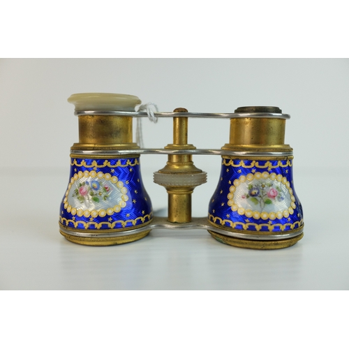 173 - Pair of 19th century Gilt Brass and Blue Guilloche Enamel Opera Glasses, decorated with panels of fl... 