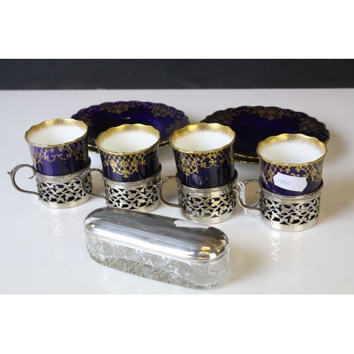 178 - Four Aynsley Cabinet Coffee Cans with Saucers, cobalt blue with gilt highlights, all the cans held w... 