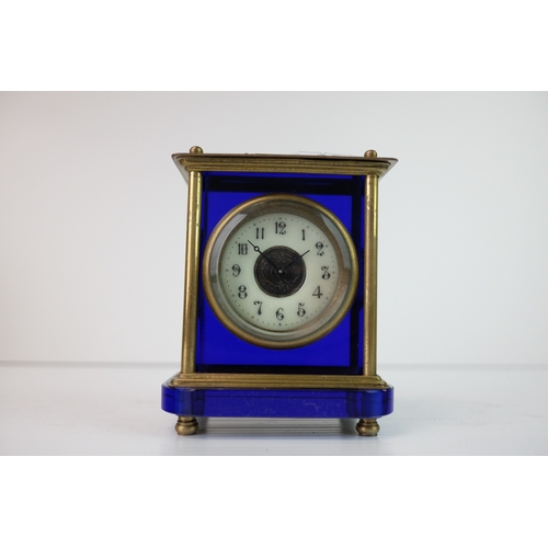 182 - Antique Blue Glass and Brass Carriage Clock with White Enamel Face