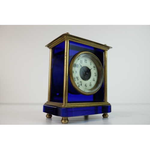 182 - Antique Blue Glass and Brass Carriage Clock with White Enamel Face