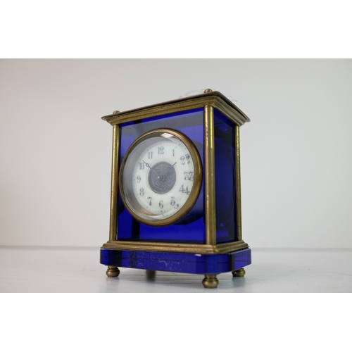 182 - Antique Blue Glass and Brass Carriage Clock with White Enamel Face