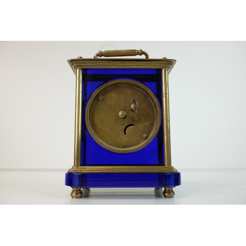 182 - Antique Blue Glass and Brass Carriage Clock with White Enamel Face