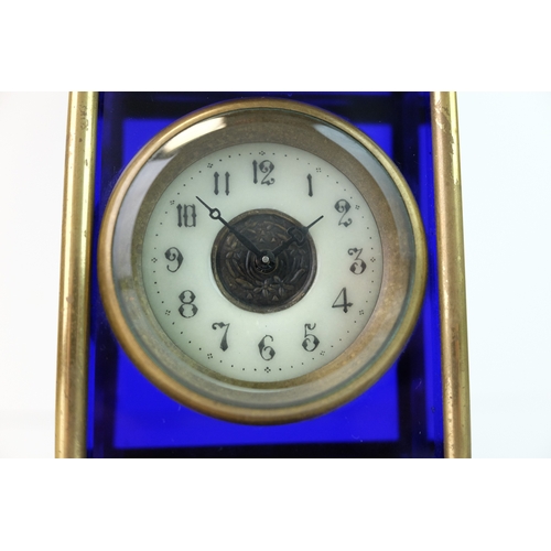 182 - Antique Blue Glass and Brass Carriage Clock with White Enamel Face