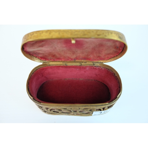 187 - Late 19th / Early 20th century Oval Pierced Gilt Metal Trinket / Jewellery Box, the hinged lid inset... 