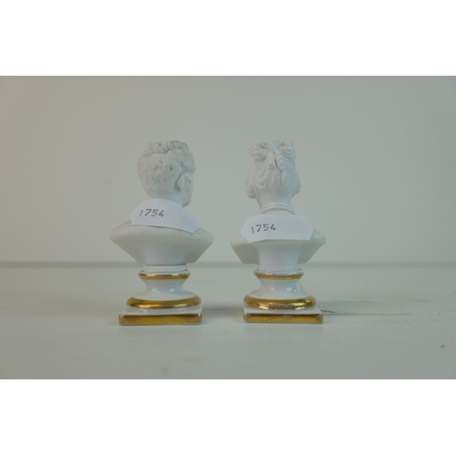 191 - Pair of KPM Berlin Parian ware Small Busts of a Man and Woman raised on white glazed porcelain plint... 