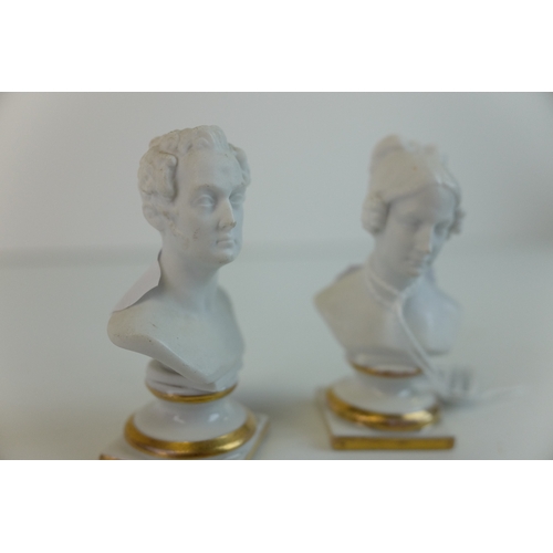 191 - Pair of KPM Berlin Parian ware Small Busts of a Man and Woman raised on white glazed porcelain plint... 