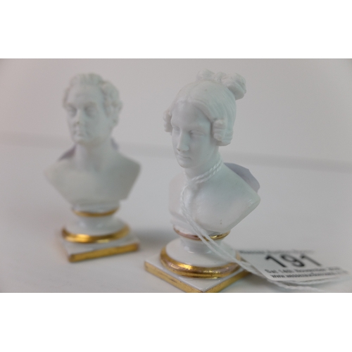 191 - Pair of KPM Berlin Parian ware Small Busts of a Man and Woman raised on white glazed porcelain plint... 