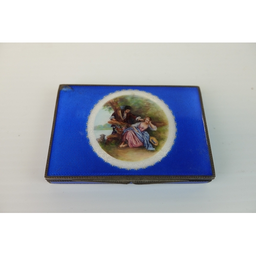 196 - Early 20th century Silver Cigarette Case, with blue guilloche enamelled hinged lid and sides, the li... 