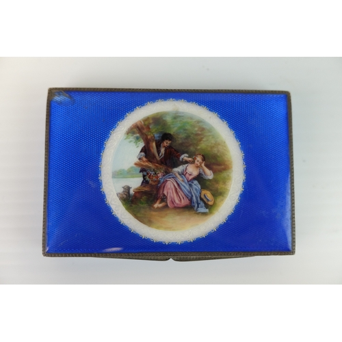 196 - Early 20th century Silver Cigarette Case, with blue guilloche enamelled hinged lid and sides, the li... 