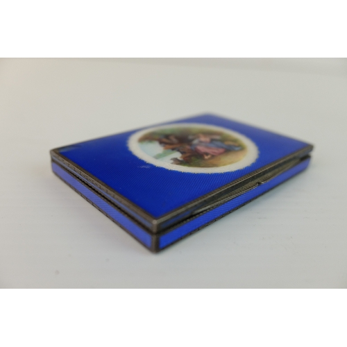 196 - Early 20th century Silver Cigarette Case, with blue guilloche enamelled hinged lid and sides, the li... 