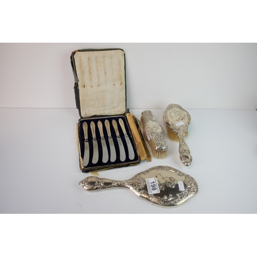 198 - Three piece Silver Backed Dressing Table Set, B'ham 1900 together with a Set of Six Silver Handled K... 