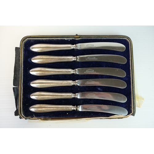 198 - Three piece Silver Backed Dressing Table Set, B'ham 1900 together with a Set of Six Silver Handled K... 