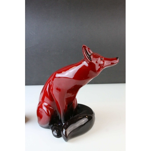 2 - Large Royal Doulton Flambe Seated Fox, 24cms high together with a Smaller Royal Doulton Flambe Seate... 