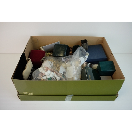 208 - Box of Mixed Costume Jewellery, Silver Plated Teaspoons and Two Silver Hallmarked Napkin Rings