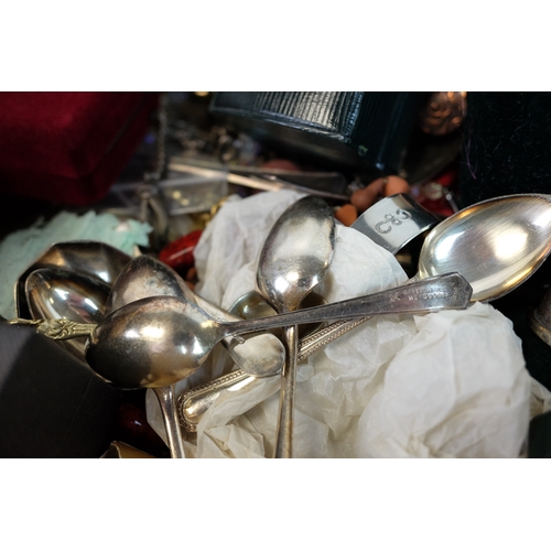 208 - Box of Mixed Costume Jewellery, Silver Plated Teaspoons and Two Silver Hallmarked Napkin Rings