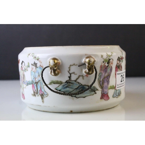 26 - Chinese Famille Rose Bowl, decorated in enamels with a continuous line of figures, two pairs of loop... 