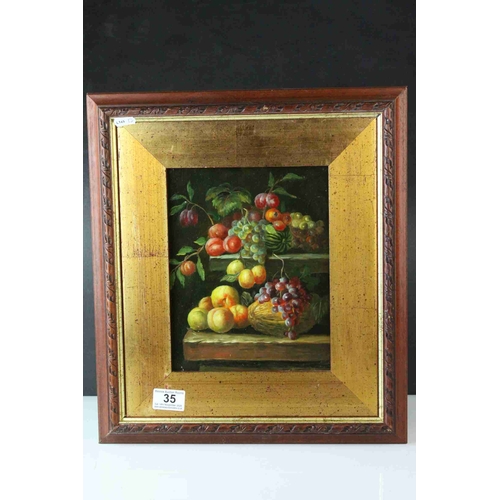 35 - Oil on Panel, a framed Still Life of Fruit and Fauna on a Ledge