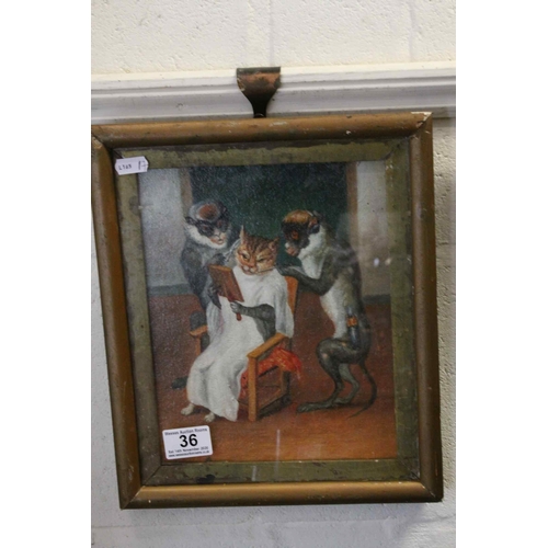 36 - Gilt Framed Oil on Board Humorous Scene with Cat and Monkeys ' The Barbers '