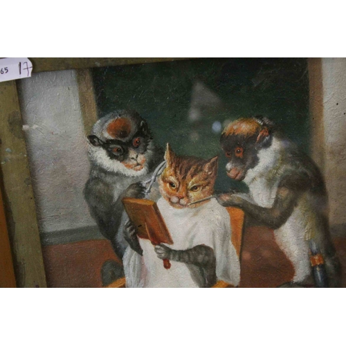 36 - Gilt Framed Oil on Board Humorous Scene with Cat and Monkeys ' The Barbers '